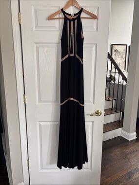 Aqua Black Halter Maxi Dress with Beige Trim